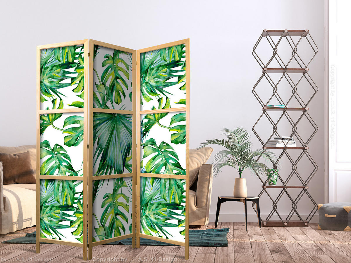 PARAVENT Japanischer 3-tlg 135x172 cm Tropische Bl tter - Grün, Holz/Textil (135/172/3cm) - Muralo