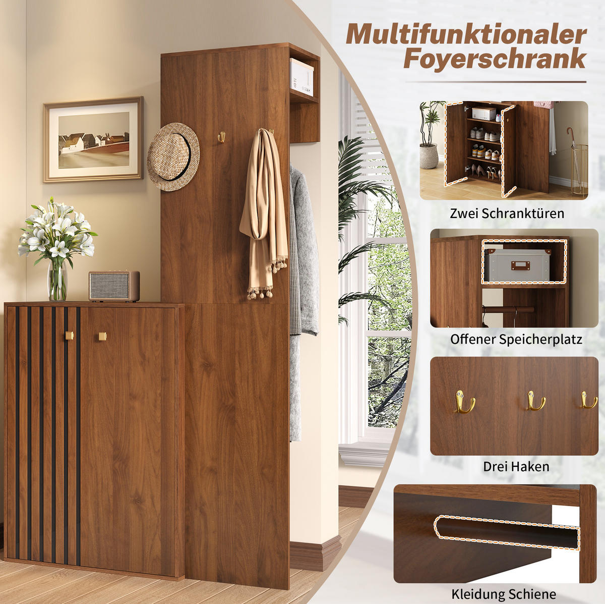 KOMPAKTGARDEROBE 115/38,5/191,5 cm mit Schuhschrank, Kleiderstange und verstellbaren Einlegeböden, Nussbaum - Walnussfarben, Holzwerkstoff (115/191.5/38.5cm) - Redom