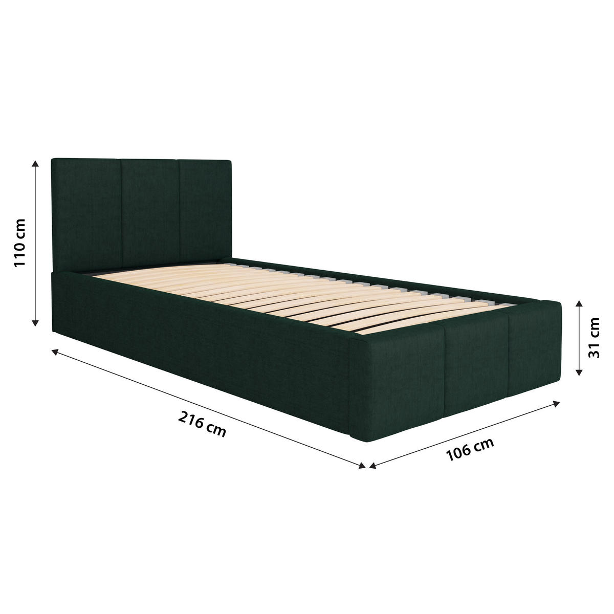 POLSTERBETT für Schlafzimmer Bett mit Stauraum Flaschengrün 90x200cm Kopfteil 110cm - Dunkelgrün, Holzwerkstoff/Metall (90/200cm) - Muralo
