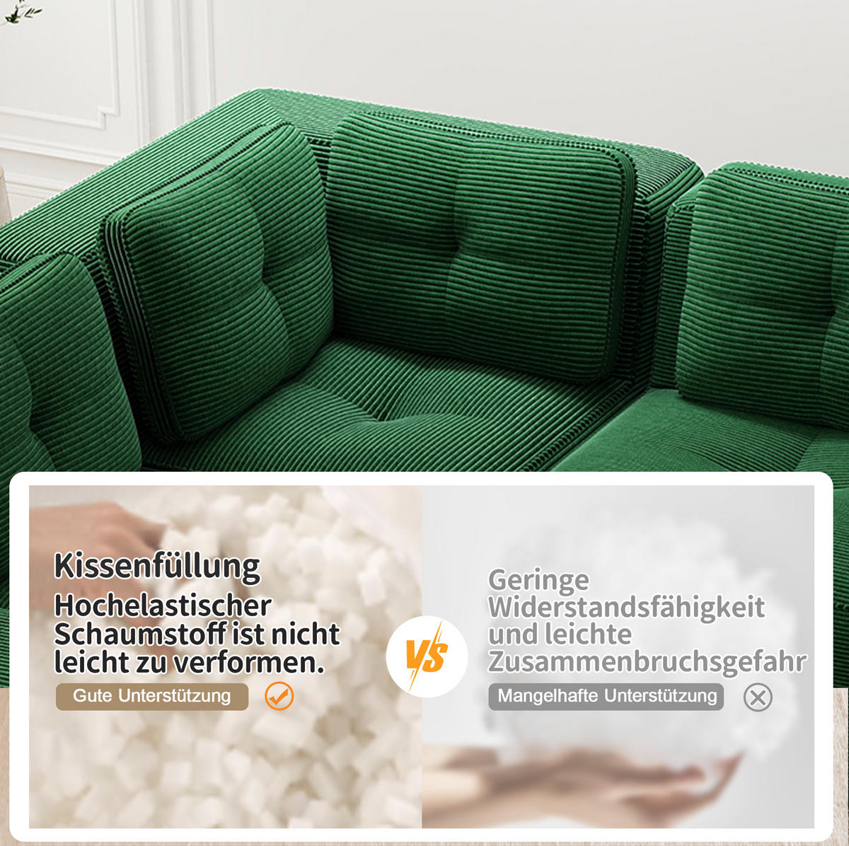 ECKSOFA 297/104/69 cm grün aus Cord mit 74 cm Sitztiefe und modularem Design - Grün, Textil (104/297cm) - OKWISH
