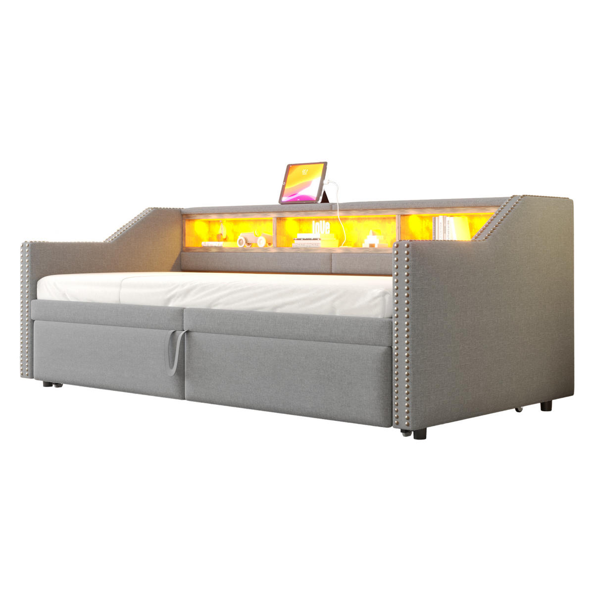 POLSTERBETT Ausziehbares Schlafsofa 90/200 cm mit LED-Licht und USB-Anschluss - Hellgrau, Textil (90/200cm) - OKWISH