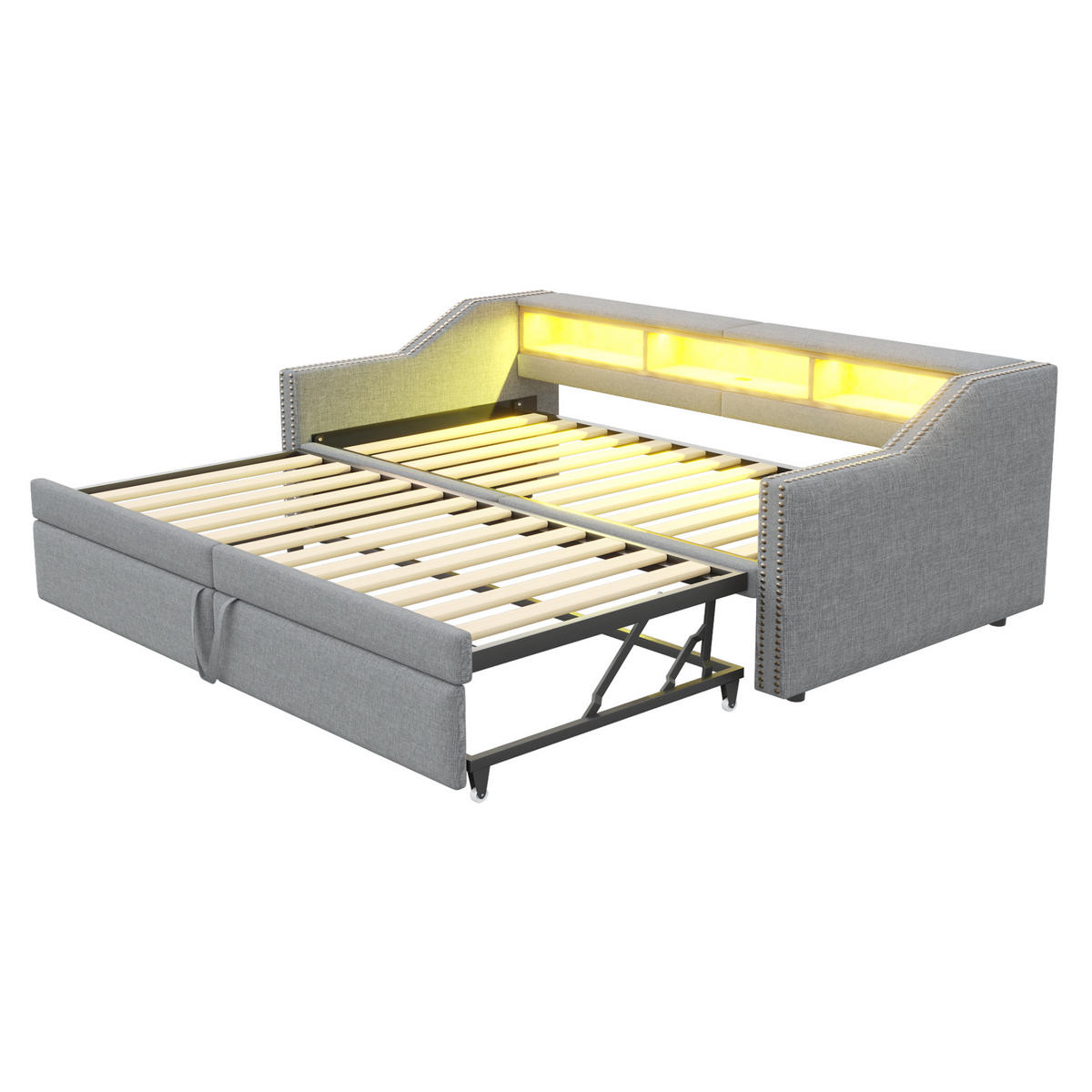 POLSTERBETT Ausziehbares Schlafsofa 90/200 cm mit LED-Licht und USB-Anschluss - Hellgrau, Textil (90/200cm) - OKWISH