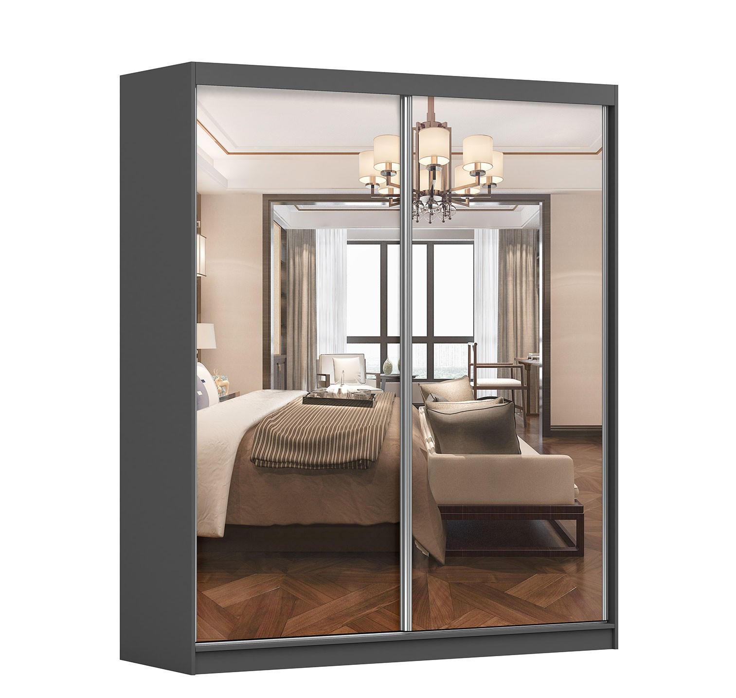imoebel24 Schwebetürenschrank Grau, Weiß 183x218x61 cm