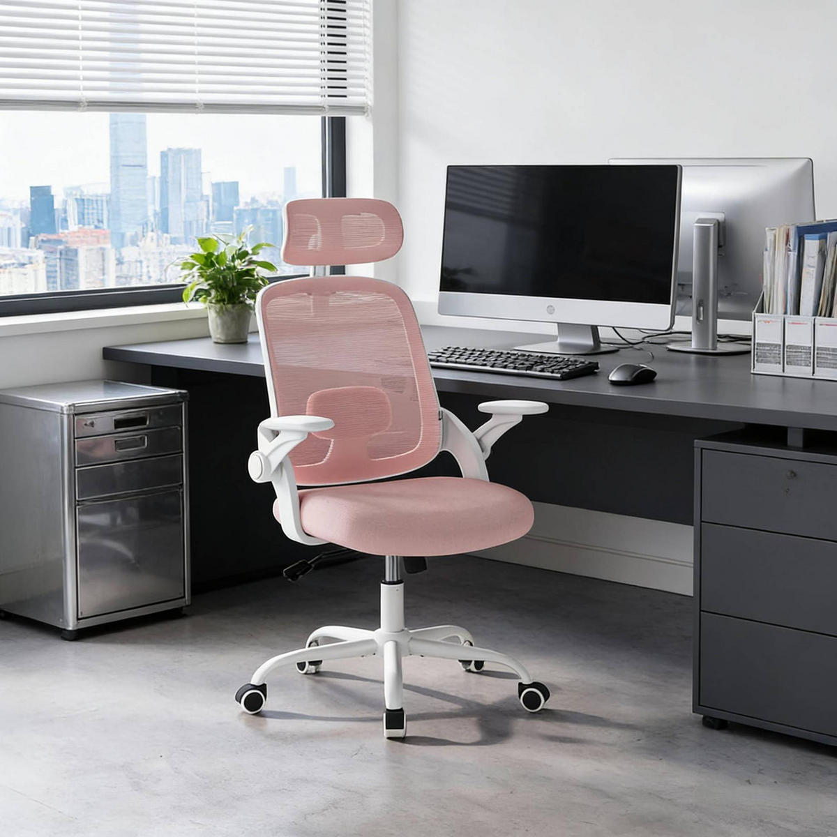 DREHSTUHL 63,5/47/109,5–117,5 cm Rosa aus Metall, Mesh und PP mit Wippfunktion - Pink, Metall (63.5/117.5/47cm) - OKWISH