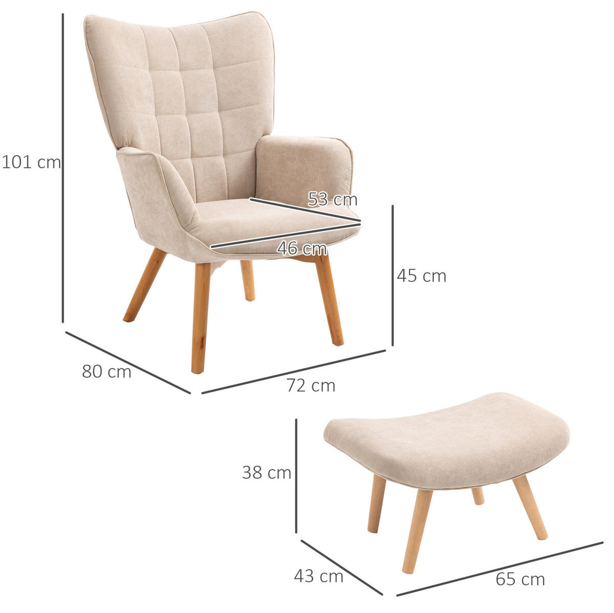 RELAXSESSEL 80/72/101 cm mit Hocker in Beige - Beige, Textil (80/101/72cm) - BEAOK
