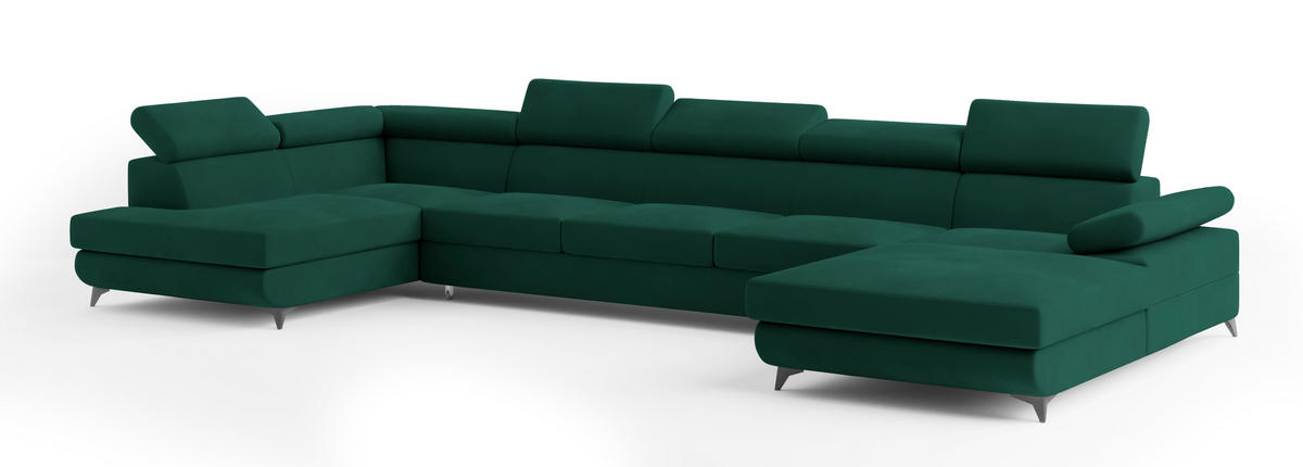 WOHNLANDSCHAFT MONTIVA Grün Velours-Stoff mit Schlaffunktion - Grün, Holz (410/89/190cm) - MASSENO