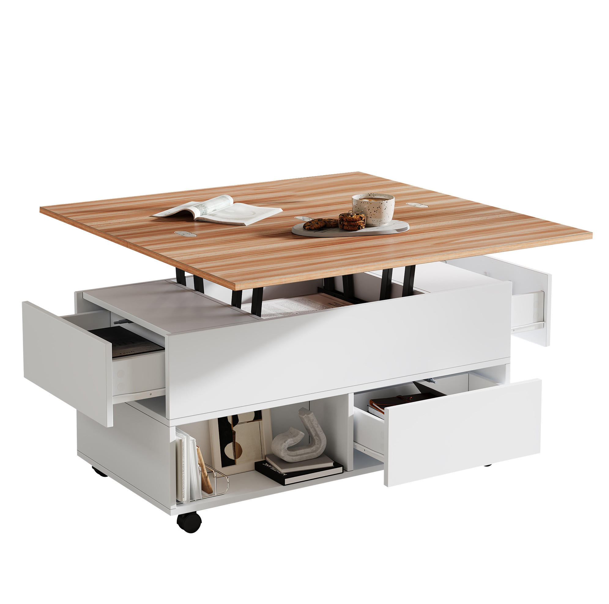 COUCHTISCH 100/50/52 cm mit Rollen, ausziehbar und höhenverstellbar - Weiß, Holzwerkstoff (100/50/52cm) - Flora Grace