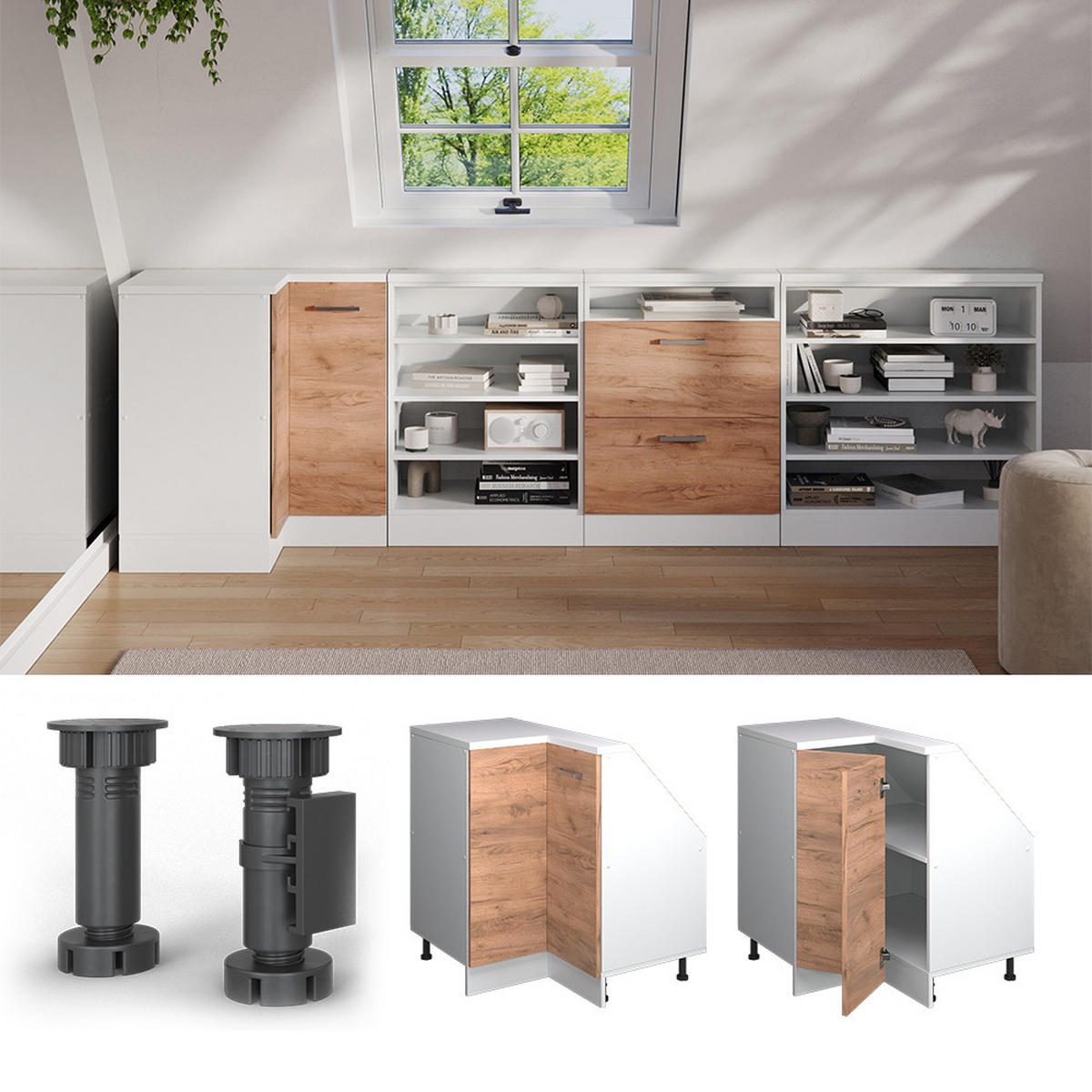 DACHSCHRÄGENSCHRANK ECKSCHRANK Rion Goldkraft Eiche/Weiß 75.6 x 81.6 cm mit 1 Tür - Honigeiche/Weiß, Holzwerkstoff (75.6/81.6/75.6cm) - Vicco