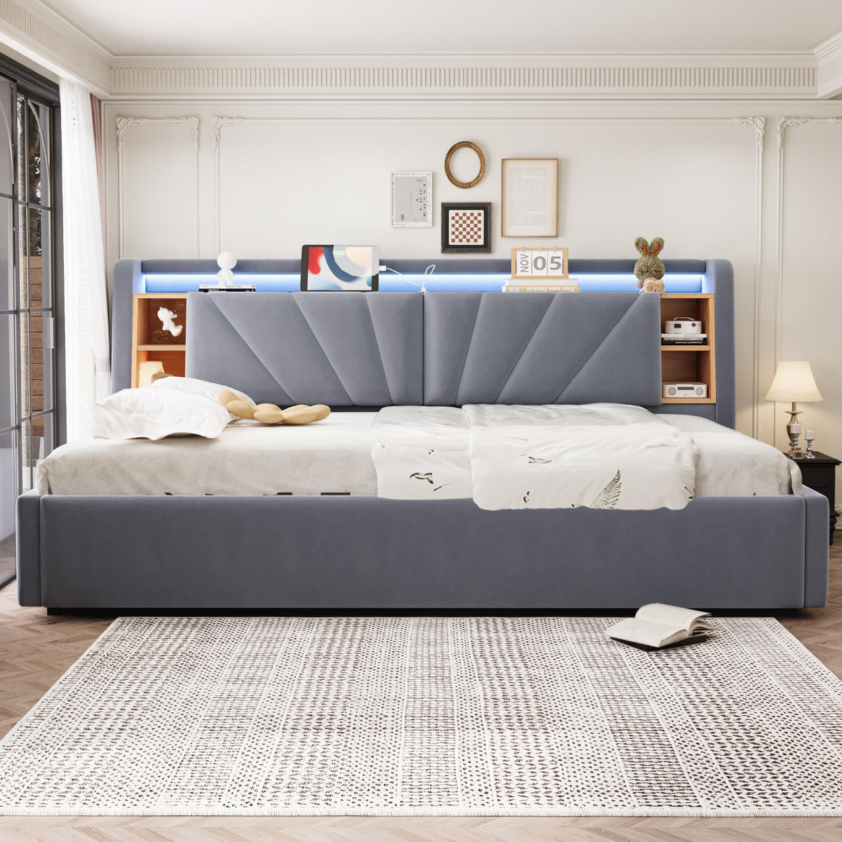 POLSTERBETT 90*200 cm mit LED, USB und Stauraum, Dunkelgrau - Grau, Textil (90/200cm) - FLIEKS