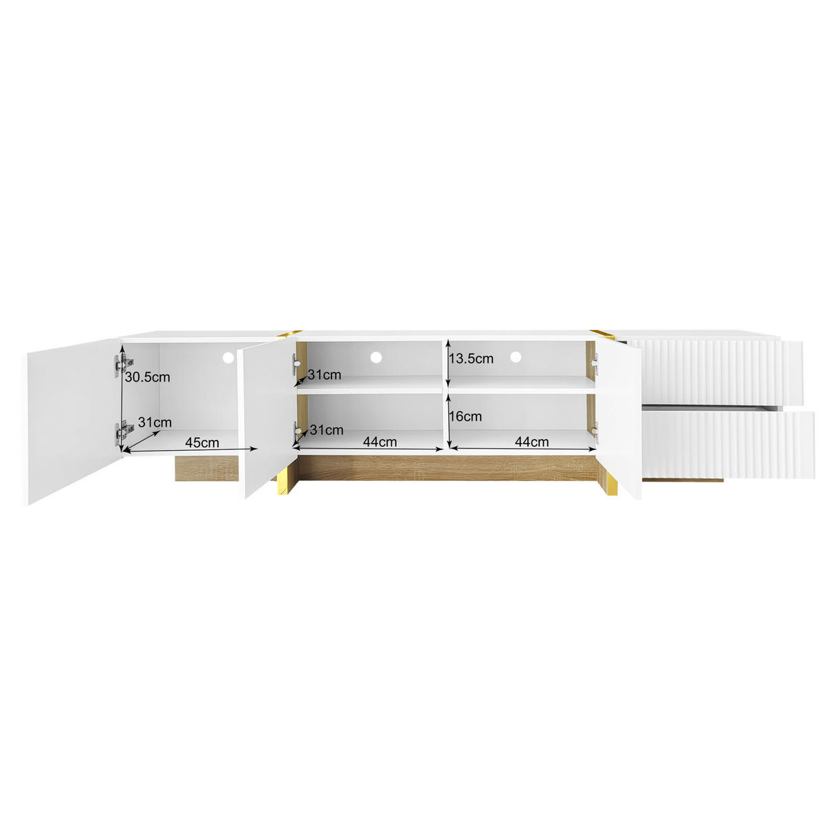 TV ormarić 190/35/45 cm bijelo-zlatni od MDF-a i iverice s 3 vrata i 2 ladice - bijela, drvni materijal (190/45/35cm) - OKWISH