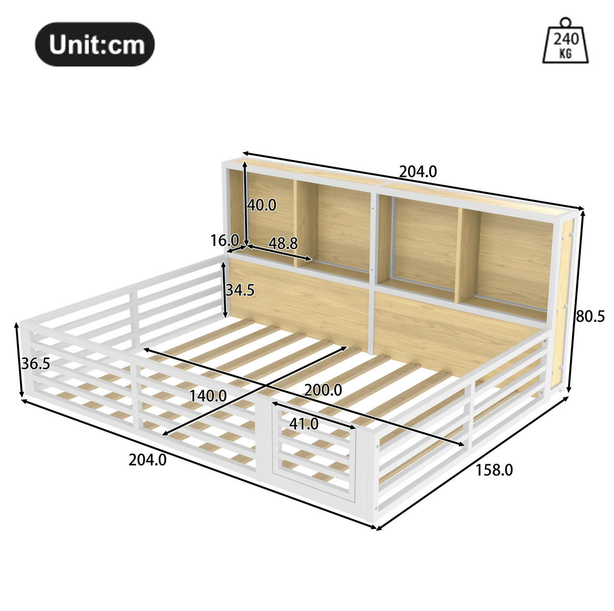 KINDERBETT Tagesbett 140/200 cm aus Metall und MDF mit Stauraumfächern und LED-Beleuchtung Weiß - Weiß, Holzwerkstoff (140/200cm) - Modenvie