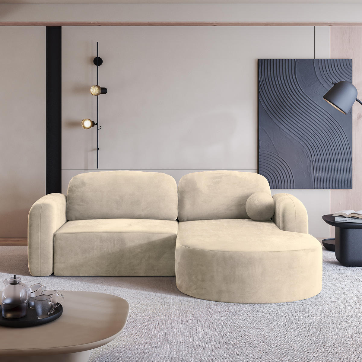 ECKSOFA AMILIA M R-S Creme Velours-Stoff mit Schlaffunktion - Creme, Holz (263/174cm) - MASSENO