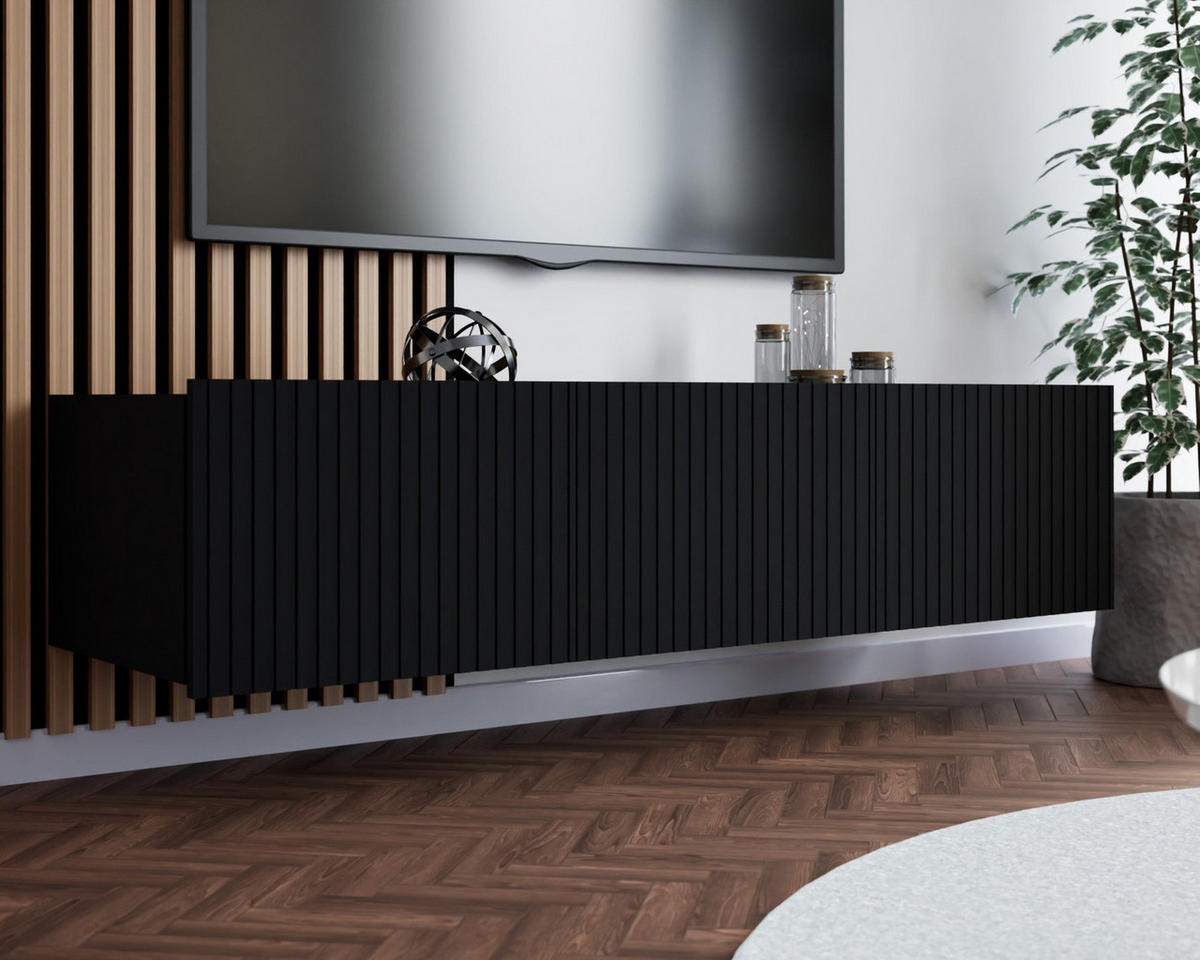 TV-LOWBOARD Kolder 150 cm Schwarz mit geriffelten Fronten - Silberfarben/Schwarz, Holzwerkstoff/Kunststoff (150/38/43cm) - Ravio