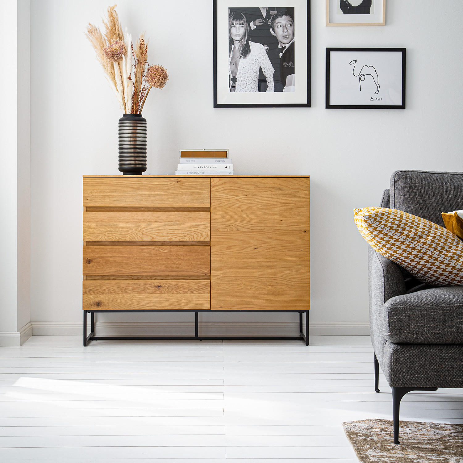 KOMMODE - Echtholzfurnier / Eisen - Eichefarben, Holzwerkstoff (115/86/40cm) - home24
