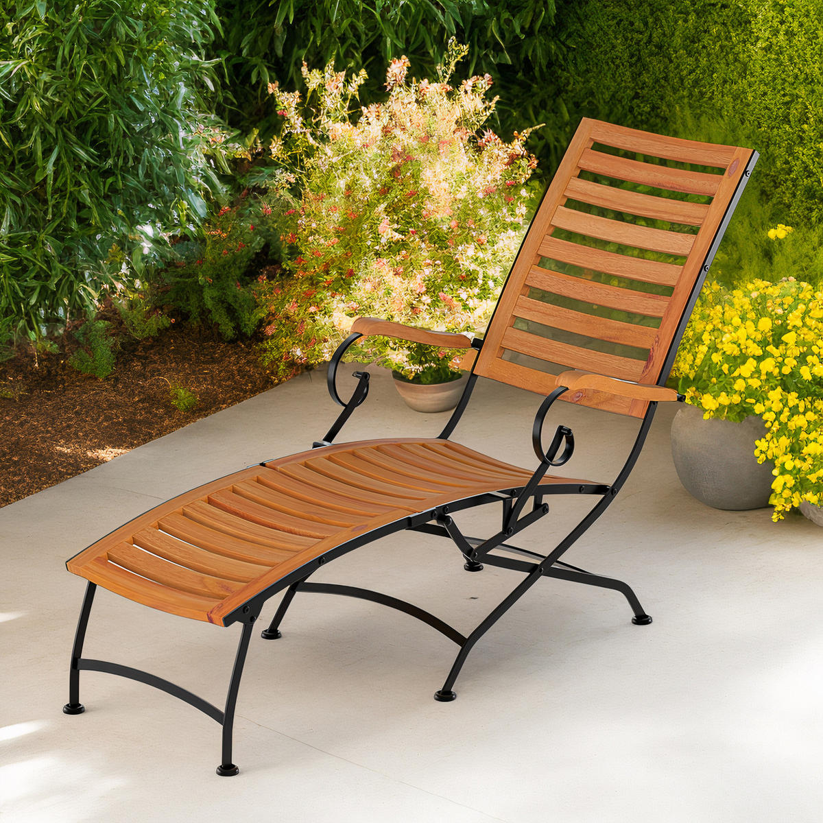 GARTENLIEGE - Akazie massiv / Stahl - Akazie / Schwarz - Schwarz/Akaziefarben, Holz/Metall (65/90/136cm) - home24