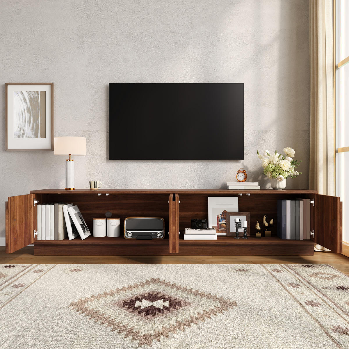 TV-ELEMENT180X40X44,5CM NussbaumRetroDesign mit LEDBeleuchtung PushtoOpen - Walnussfarben, Holz (47.5/18.49/115.49cm) - Raelunyi