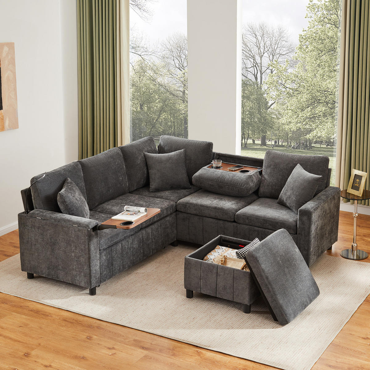 SITZGARNITUR Chenille Grau mit Schlaffunktion, Hocker, USB, Type-C und Tisch - Grau, Holzwerkstoff/Kunststoff (205/85/205cm) - WISHDOR