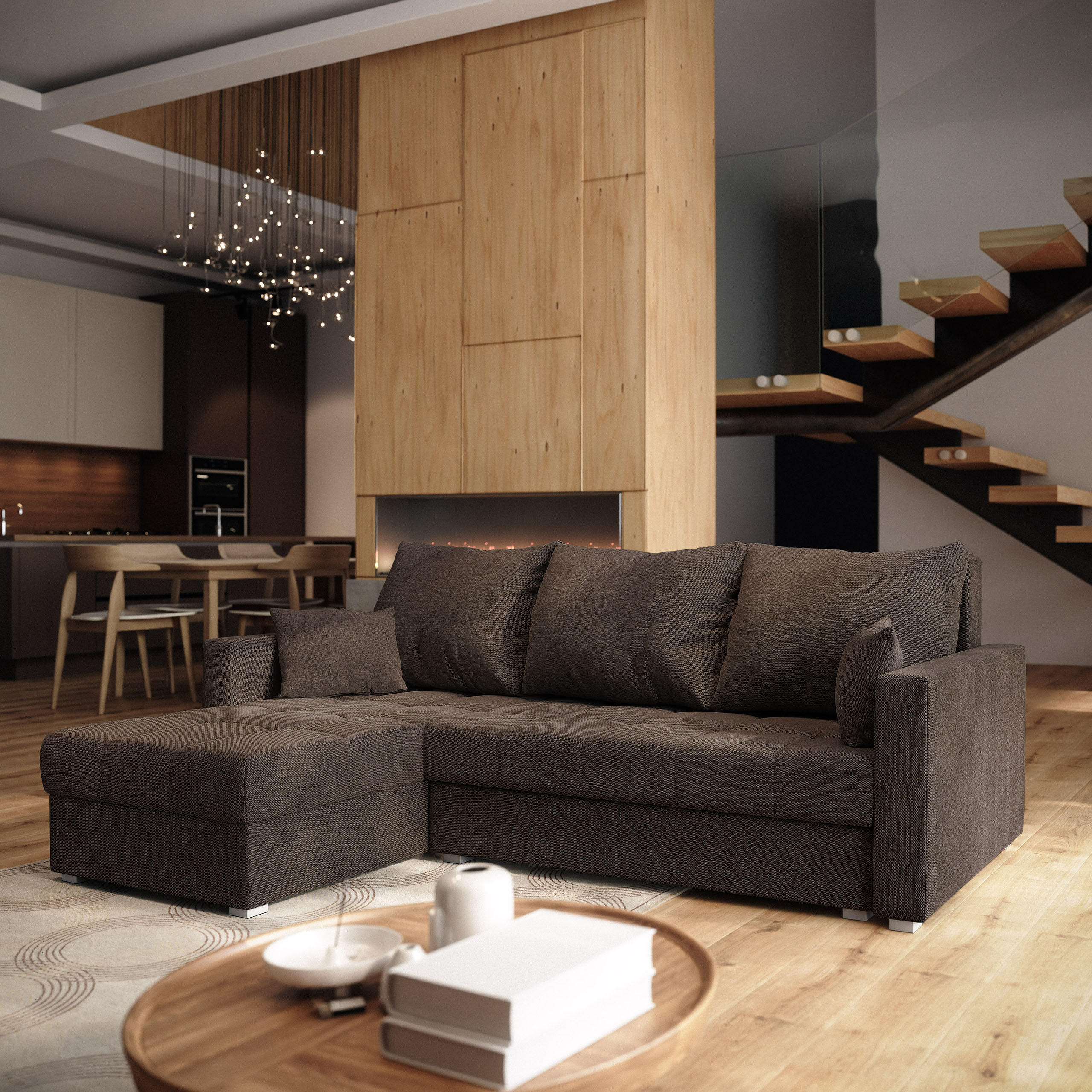 ECKSOFA NIDA Braun Geflochtener Stoff mit Schlaffunktion - Braun, Holz (220/143cm) - MASSENO