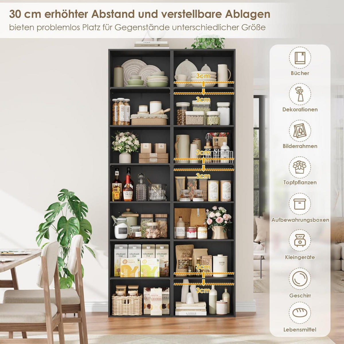 BÜCHERREGAL 220 cm Schwarz 7 Fächer - Schwarz, Holzwerkstoff (48/220/30cm)