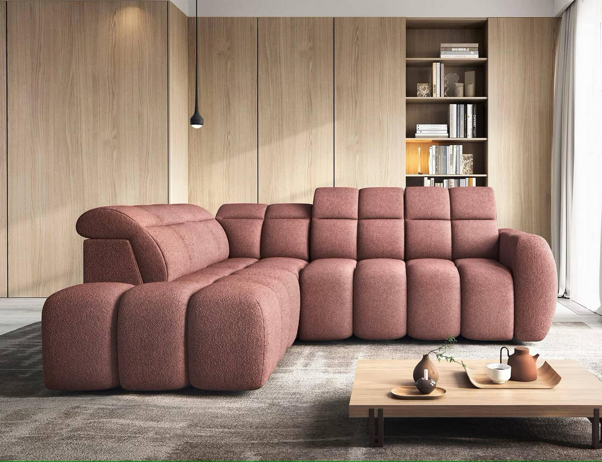 ECKSOFA mit elektrischem Sitzvorschub, Bettkasten und verstellbare Kopflehnen - Rosa, Naturmaterialien/Textil (258/208cm) - Eltap