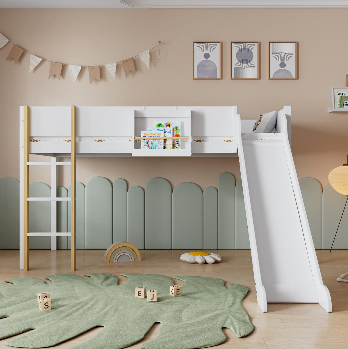 VISOKA postelja 90/200 cm bela in naravna z drsnikom, lestvijo in snemljivo polico iz bora in MDF - bela, leseni material (90/200cm) - OKWISH