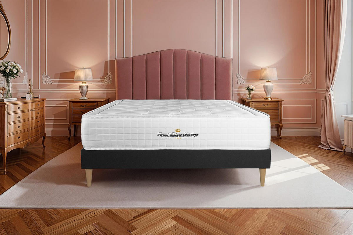 BETT Buckingham Memory-Schaum 180 x 190 cm h1 - Kit Bettgestell Schwarz - Beige/Schwarz, Holz (180/190cm) - ROYAL PALACE BEDDING