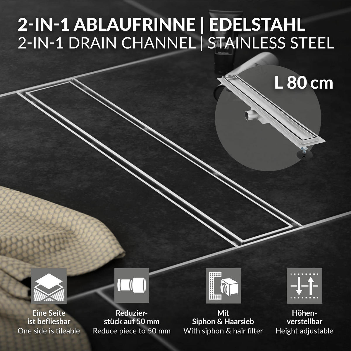 DUSCHRINNE 80cm - Silberfarben, Metall (13.9/7.8/84cm) - LuxeBath