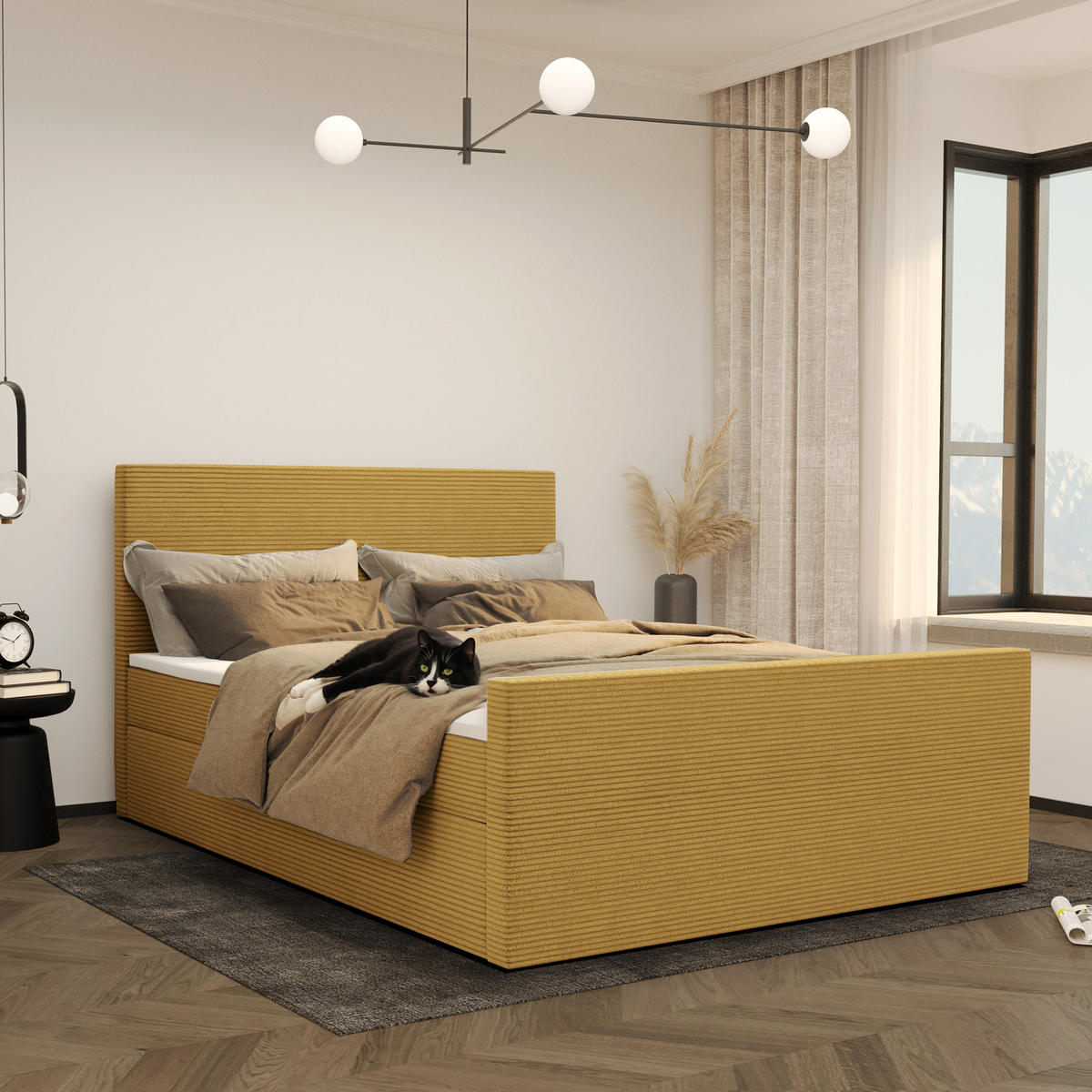 BOXBETT Mit Bettkasten Und Topper VIESTA Stoff Poso Gelb 200x200 cm H2-Pocket - Gelb, Holz/Kunststoff (200/200cm) - Kaiser Möbel