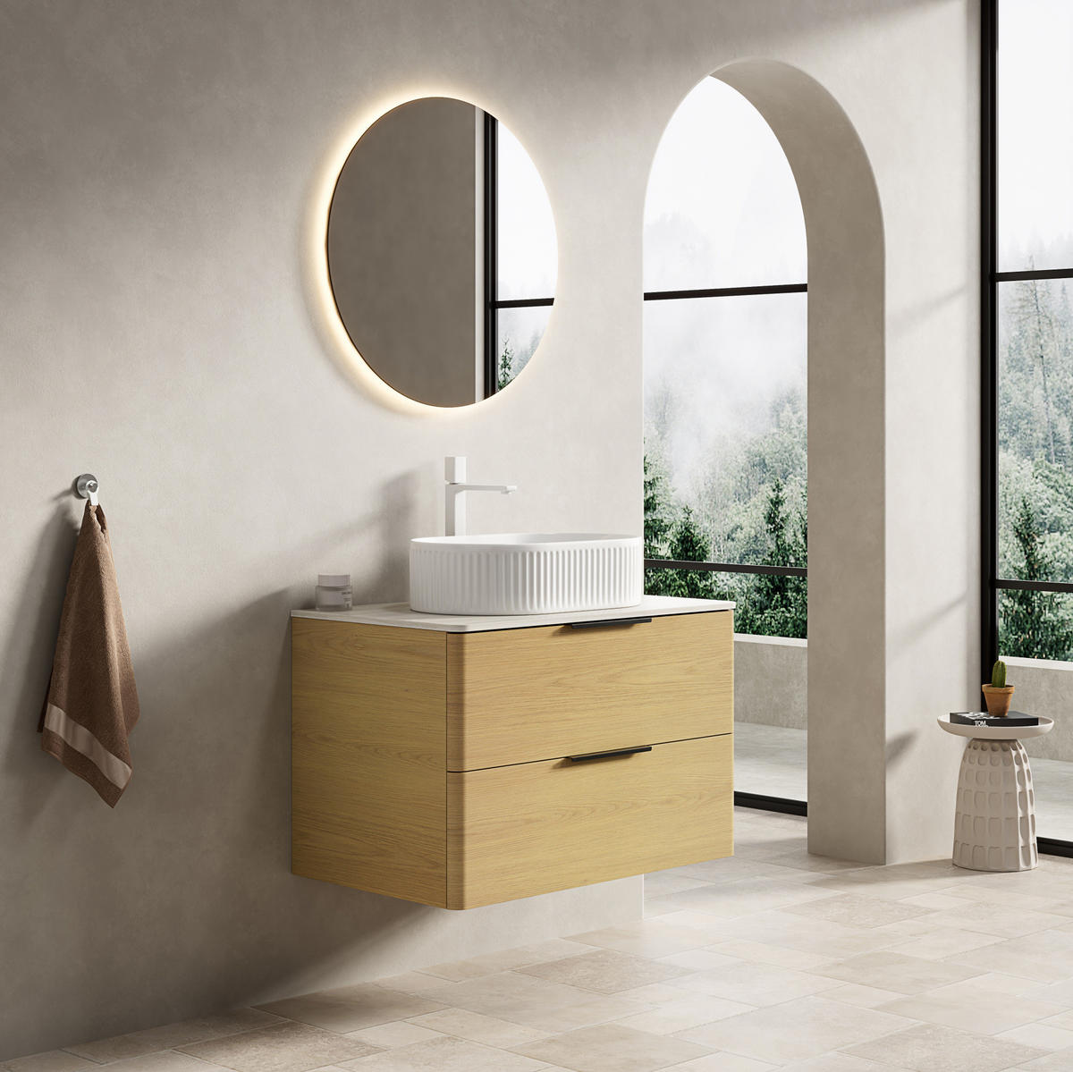 WASCHTISCHUNTERSCHRANK 75x46x62.2cm Beige/Eiche/Weiß mit ovalem Keramikbecken & Travertin-Arbeitsplatte - Eichefarben, Keramik (75/62.2/46cm) - Modfu