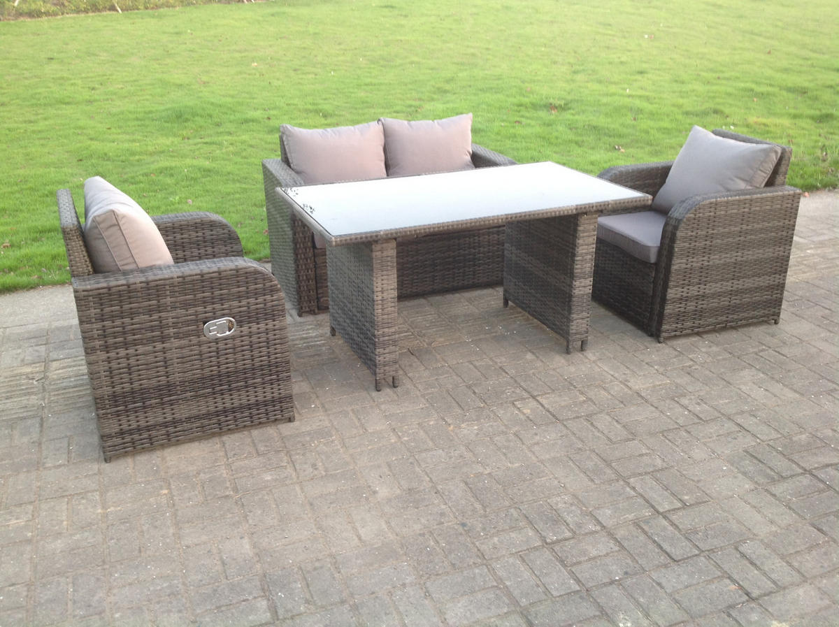 LOUNGESOFA-SET Polyrattan Dunkelgrau 4-Sitzer - Dunkelgrau/Grau, Glas/Kunststoff - Fimous