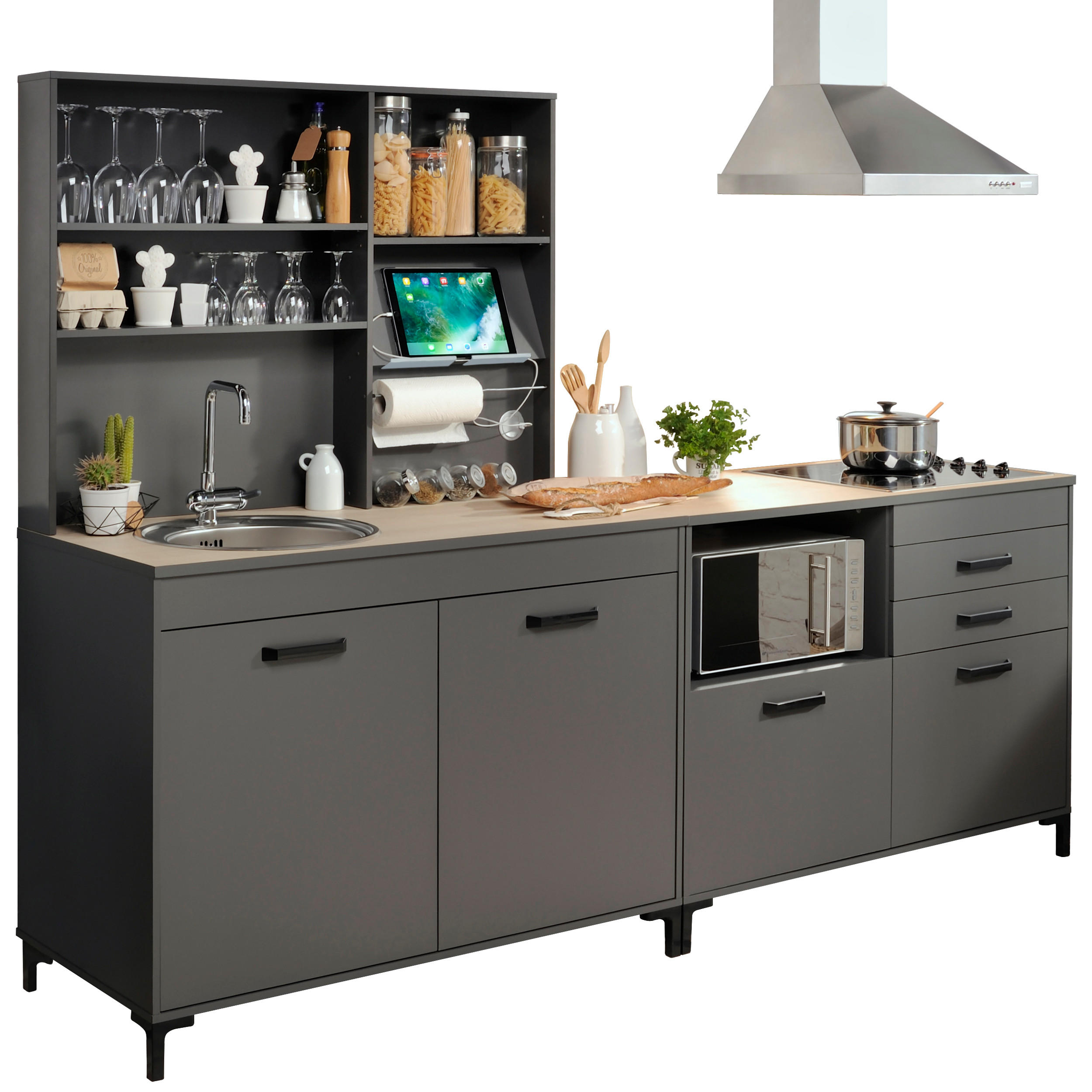 KÜCHENZEILE Moove 2 in Eiche Hell- Grau 3 teilig Küchenmöbel - Braun, Holzwerkstoff (80/200/120cm)