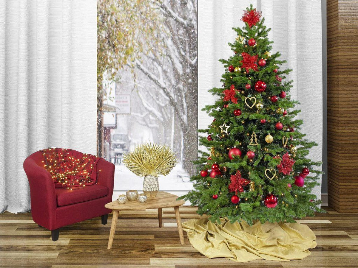 WEIHNACHTSBAUM künstlicher 150 cm, WEIHNACHTSSTERNE, mit 106-teiligem Weihnachtsbaumschmuck, inkl. Metallständer und Aufbewahrungsbox - Rot/Goldfarben, Kunststoff/Metall (104/150cm) - LAALU