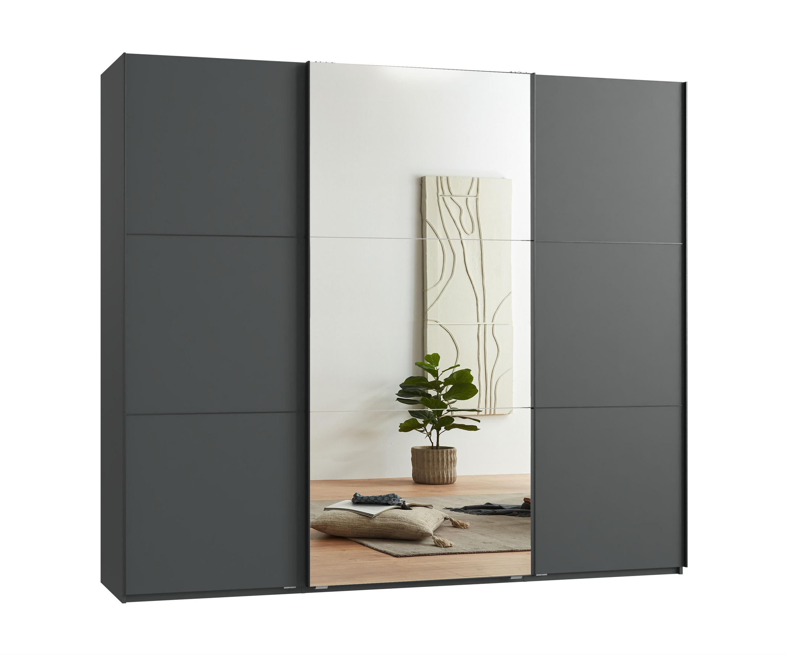 luma-home SKŘÍŇ S POSUVNÝMI DVEŘMI, 3dveřová, 250 × 216 × 65 cm (Š×V×H), v antracitové barvě, s jedněmi zrcadlovými dveřmi, včetně kompletního vybaven