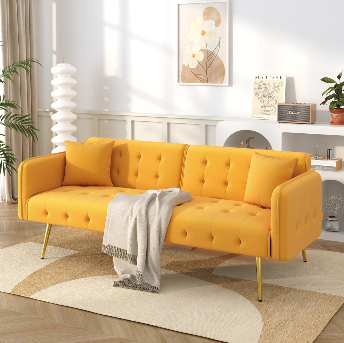 SCHLAFSOFA 215/81,5 cm Liegefläche – mit Veloursbezug und verstellbaren Armlehnen - Gelb, Textil (82/70/178cm) - BEAOK