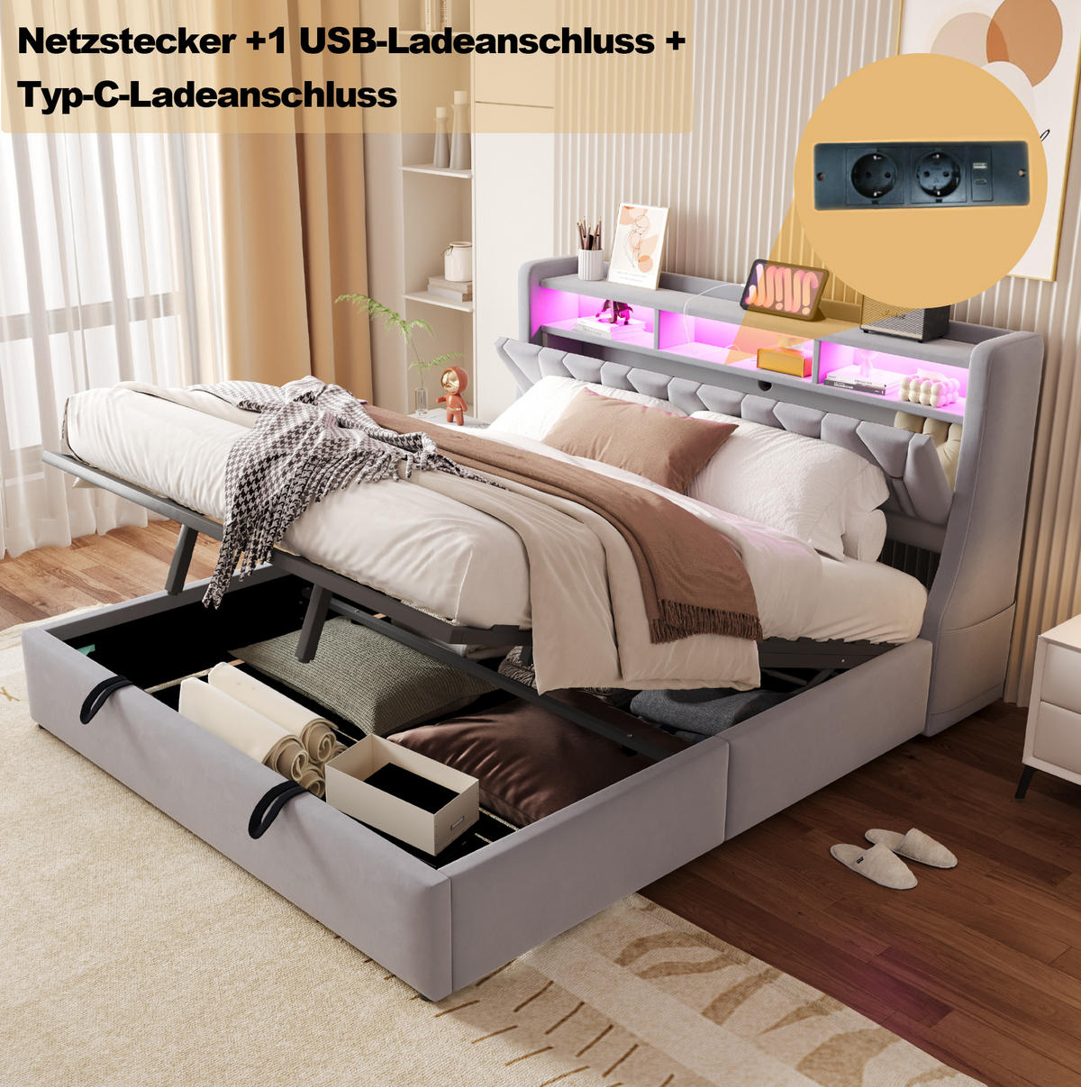 POLSTERBETT mit Stauraum 180x200 cm Samt Light Gray - Hellgrau, Metall (180/200cm) - Meubliv