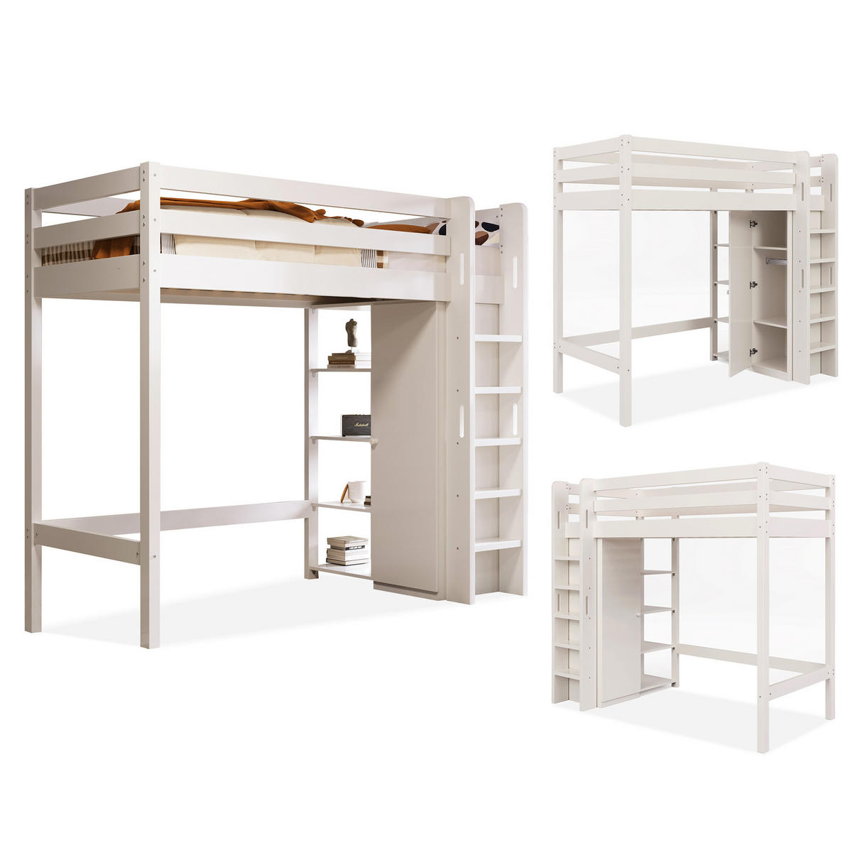 HOCHBETT 90/200 cm in Weiß mit Kleiderschrank und 6 Regalen - Weiß, Holzwerkstoff (90/200cm) - Flora Grace