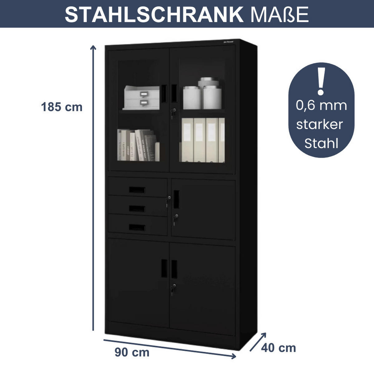 VITRINENSCHRANK abschließbar GEDO mit Tresor 185x90x40cm Schwarz - Schwarz, Metall (90/185/40cm) - DELUKE