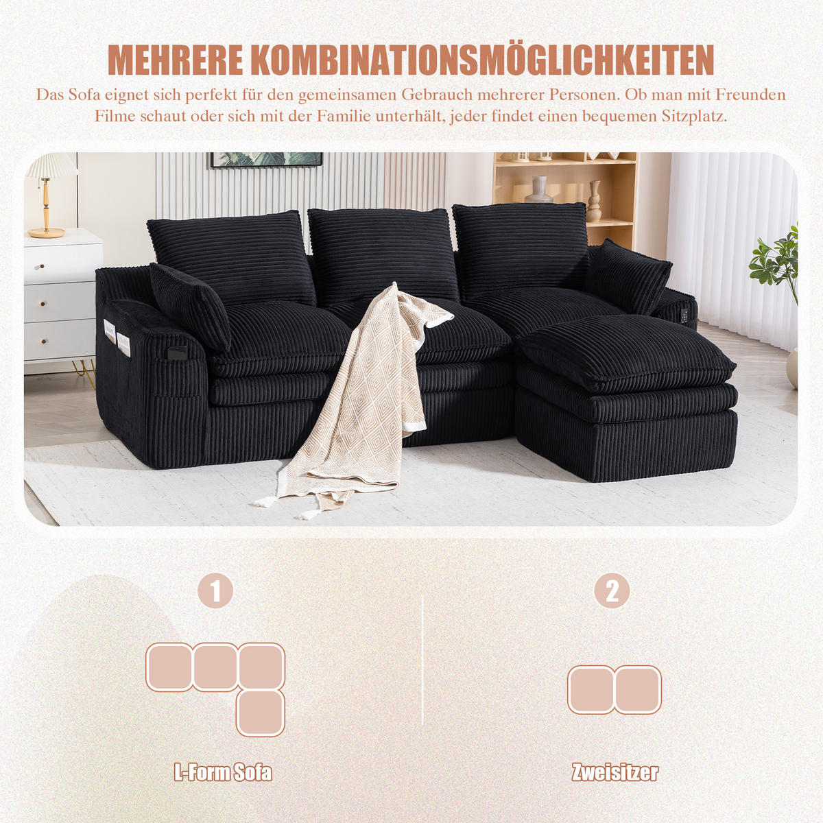 3-SITZER ECKSOFA Cord Schwarz mit Kissen und Hocker - Schwarz, Textil (263/167cm) - WISHDOR