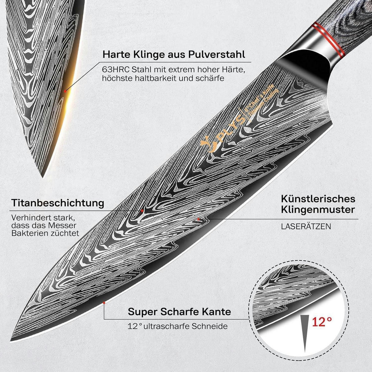 KÜCHENMESSER Kochmesser 8 Zoll Titanbeschichtet Holzgriff - Schwarz, Metall (33.5cm)