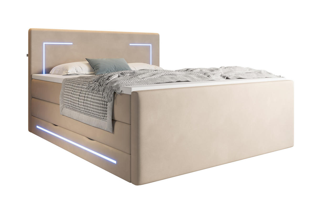 BOXSPRINGBETT Monaco beige 160/200 cm H2/H3 Samt mit TV-Lift - Beige, Textil (160/200cm) - wonello