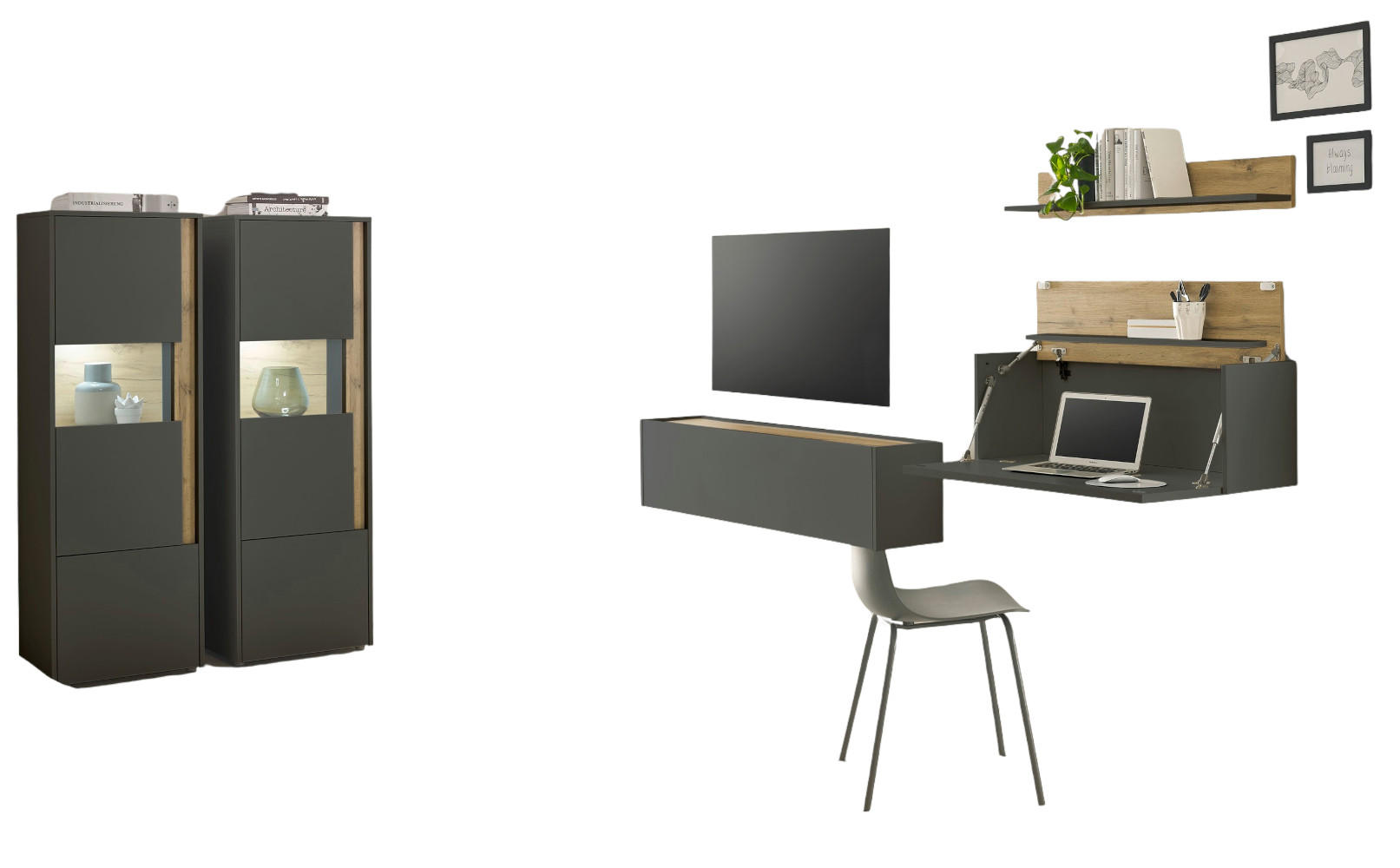 WOHNWAND grau matt, Eiche Wotan 410 cm, Wohnkombination mit Sekretär - Eiche Wotan/Grau, Holzwerkstoff/Kunststoff (410/170/40cm) - Furn.Design