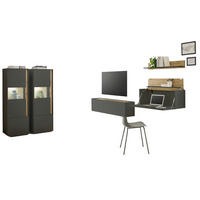 WOHNWAND grau matt, Eiche Wotan 410 cm, Wohnkombination mit Sekretär - Eiche Wotan/Grau, Holzwerkstoff/Kunststoff (410/170/40cm) - Furn.Design