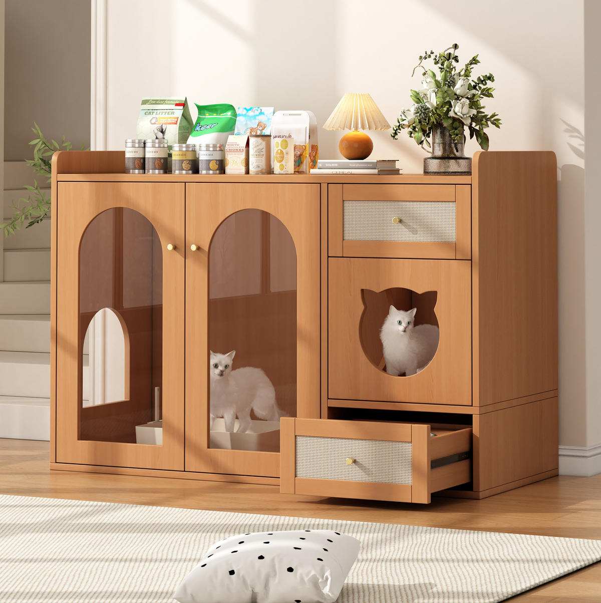 SKŘÍŇKA pro kočičí toaletu z MDF a skla 120x45x76 cm ořechová s miskami, úložným prostorem a odpočinkovou zónou - barva vlašského ořechu, kompozitní dřevo (120/83/45cm) - Modfu