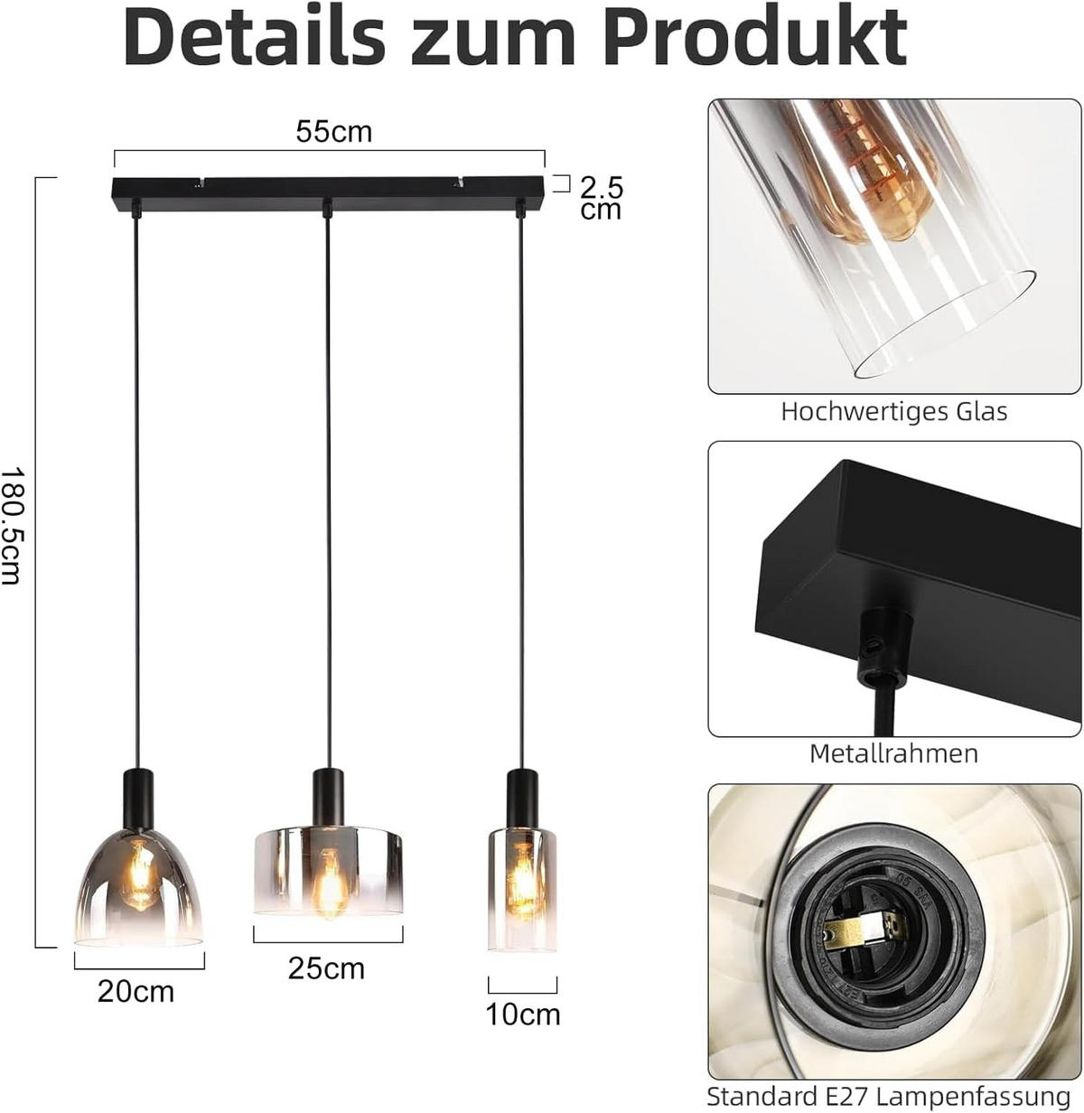 PENDELLEUCHTE Marsicano 55/5/180.5 cm - Schwarz, Metall (5/55/180.5cm) - Nettlife