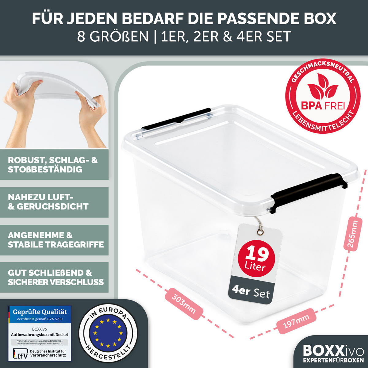 AUFBEWAHRUNGSBOXEN mit Deckel 19l im 4er Set - Transparent, Kunststoff (29/26.5/39cm) - BOXXivo