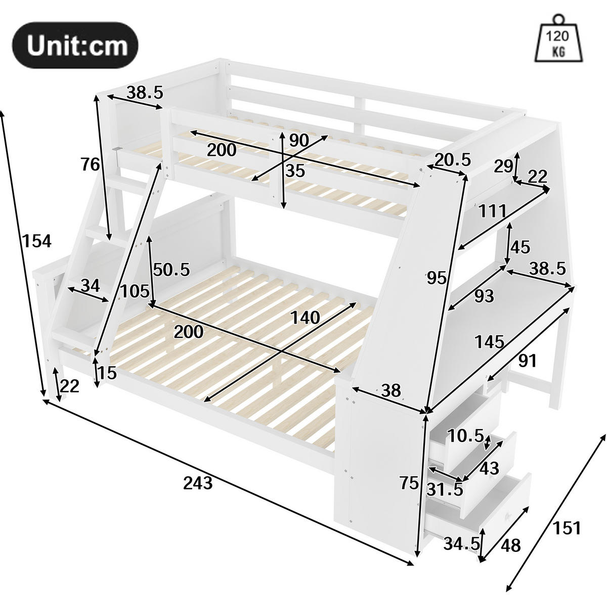 ETAGENBETT 90/200 cm + 140/200 cm Weiß mit Tisch und großem Stauraum - Weiß, Holz (90/200cm) - OKWISH