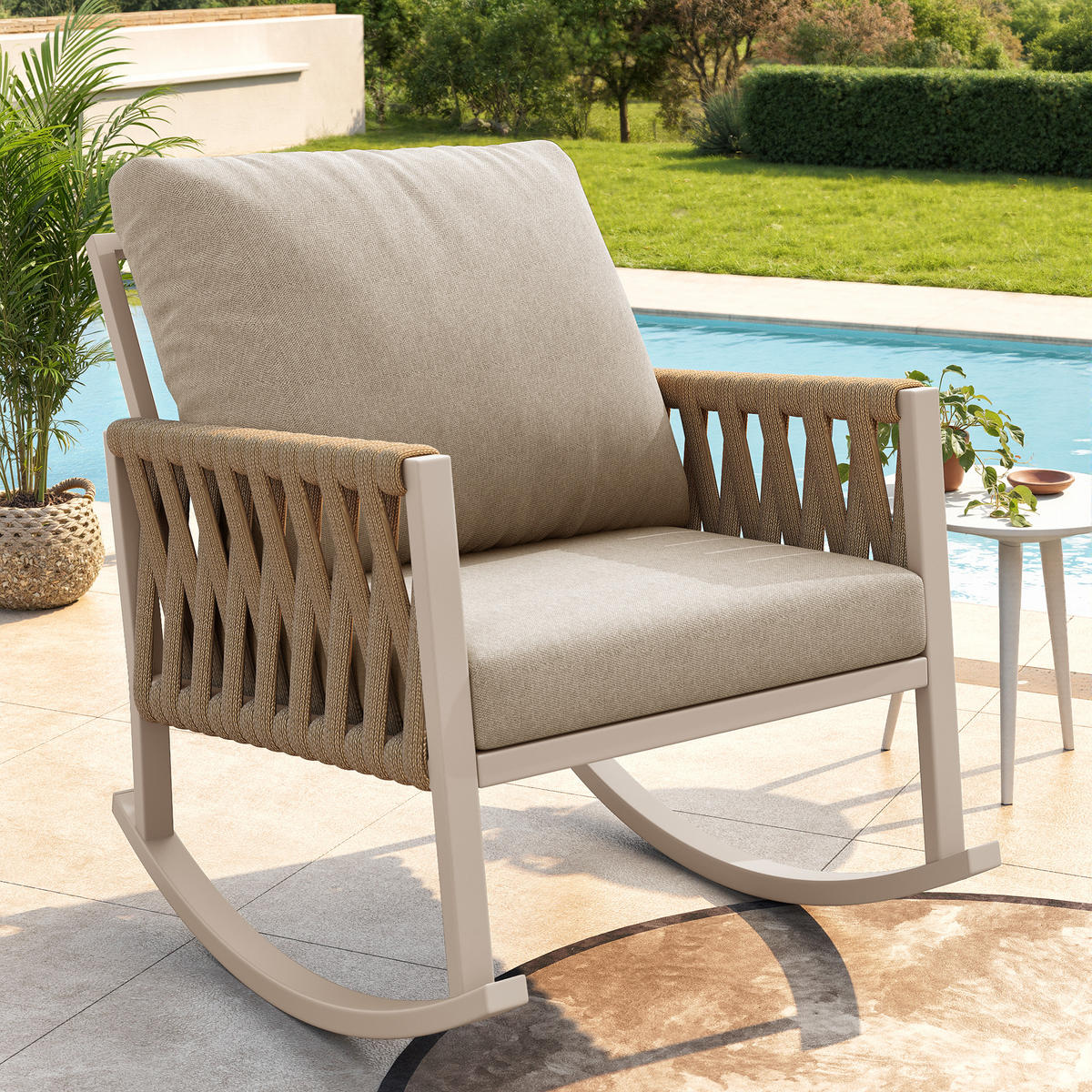 SCHAUKELSTUHL Outdoor 1 Set Metall Kissen 120kg wetterfest - Beige, Metall (79/78/65cm) - FLIEKS