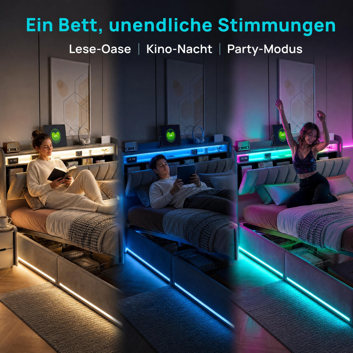 POLSTERBETT 160/200 cm grau mit Stauraum, LED und USB - Grau, Holz - SHOPENTRA