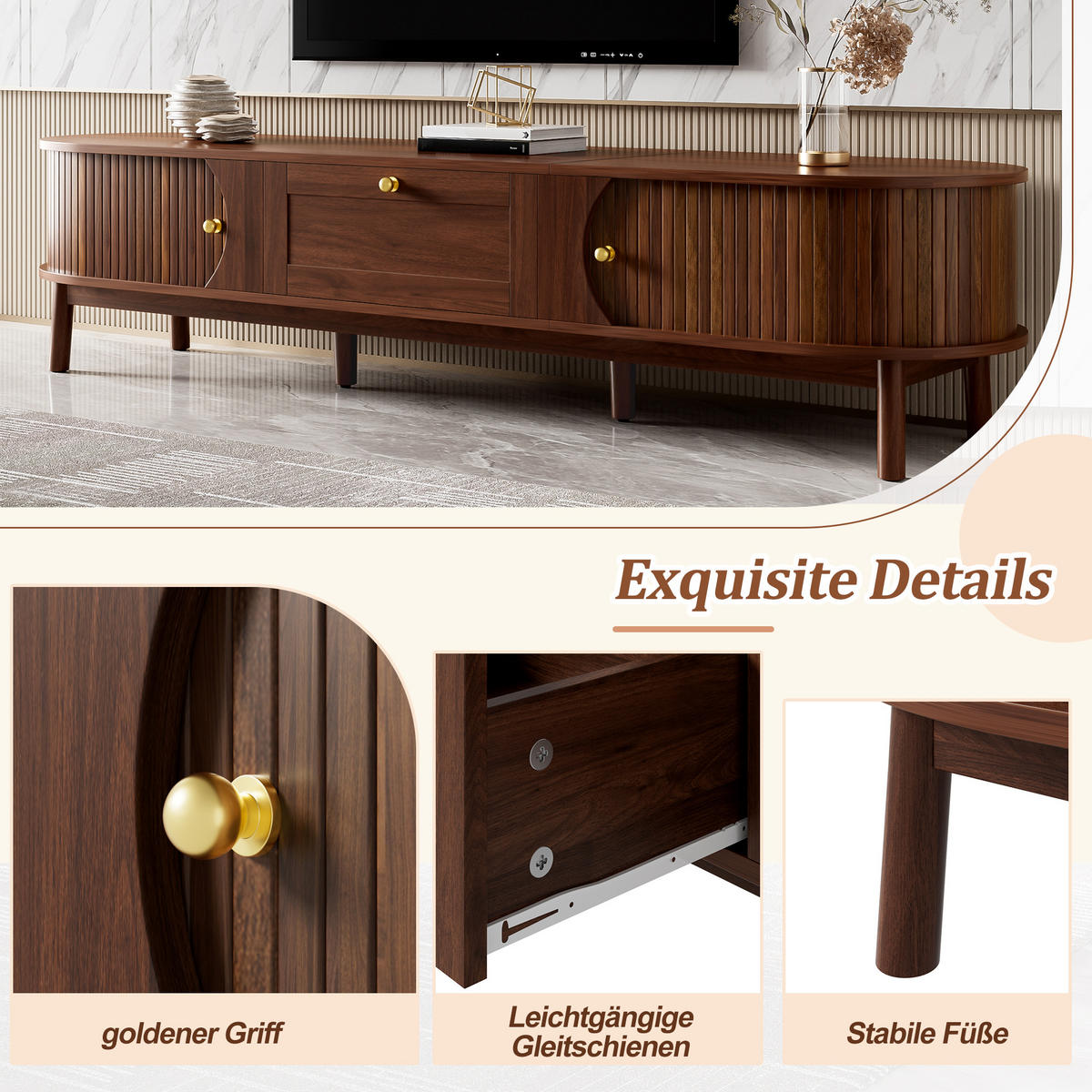 TV-SCHRANK Massivholz Schubladen abgerundet Stauraum modern - Walnussfarben, Holzwerkstoff (39.5/38/170cm) - FLIEKS