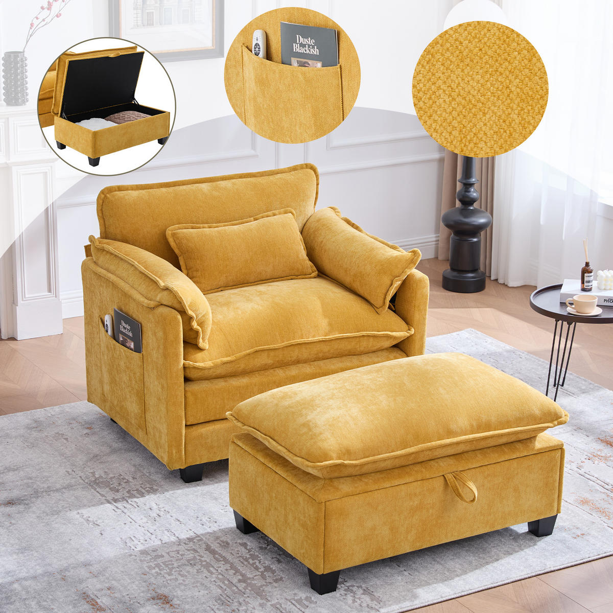 LOUNGESESSEL mit Hocker und Stauraum in Samt, 103 / 85 / 91 cm - Gelb, Textil (85/91/103cm) - PARAFTA HOME
